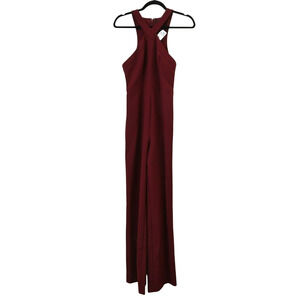 Likely Burgundy Halter Neck Wide Leg Jumpsuit Belted Size 4 Sleeveless Crepe